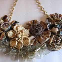 Yo Yo Bib Necklace Brown and Beige Floral