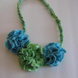 Green Blue Frilly Flowers Braided Necklace