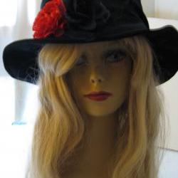 Black Velvet Hat with red black floral trim